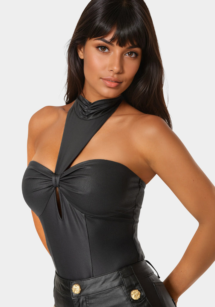 Mock Neck Halter Coated Knit Bodysuit