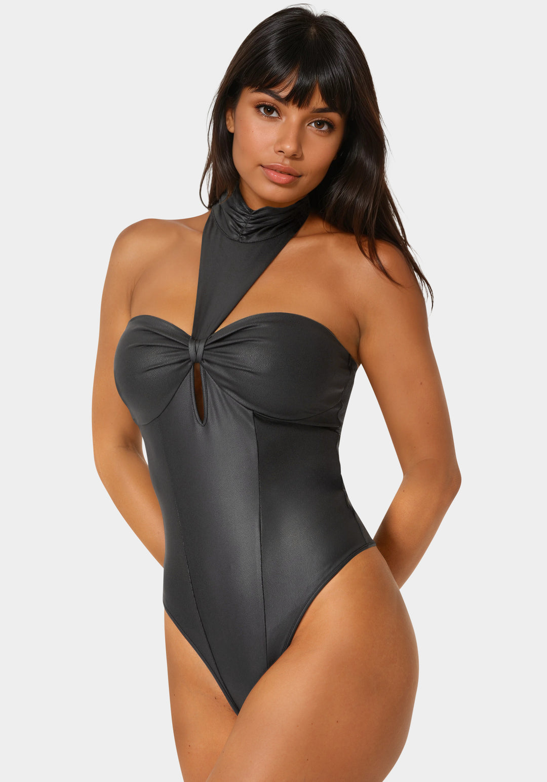 Mock Neck Halter Coated Knit Bodysuit
