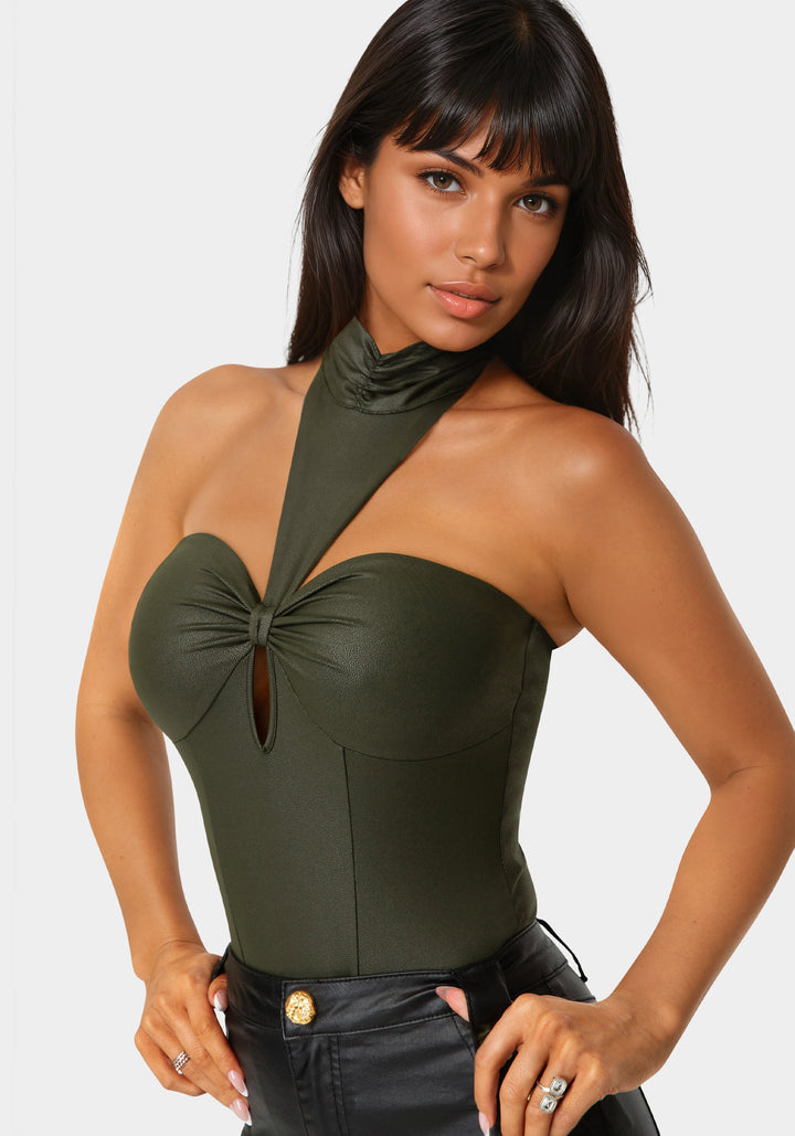 Mock Neck Halter Coated Knit Bodysuit