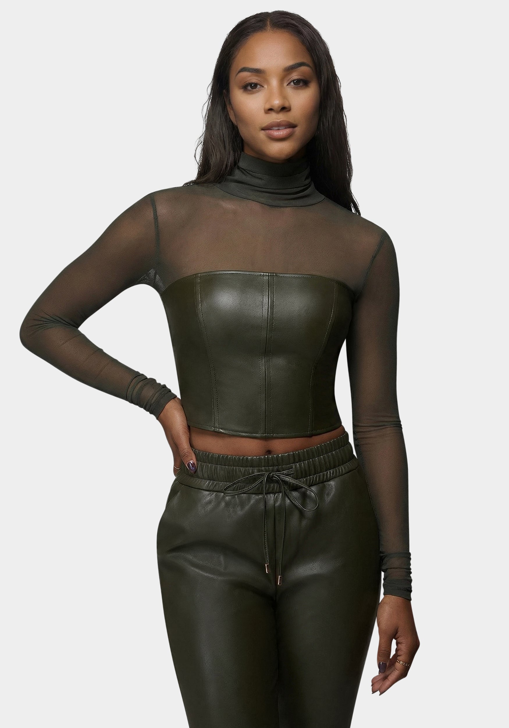 Mock Neck Mesh Combo Vegan Leather Top – bebe