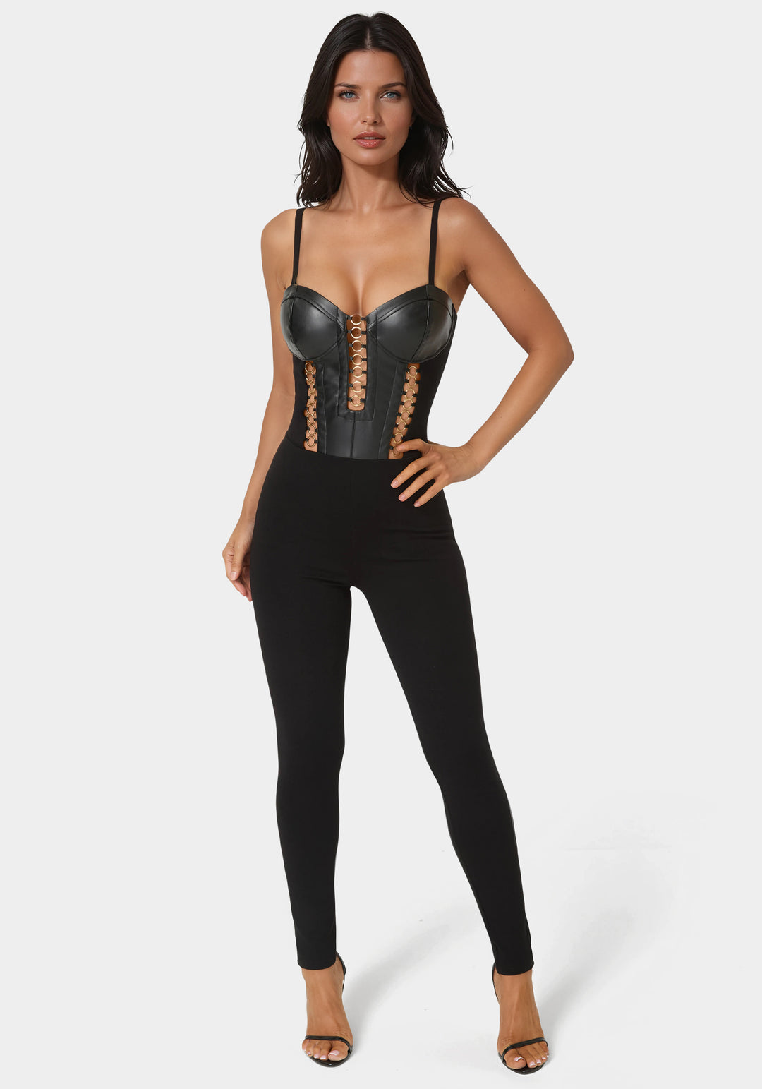 Front View-Vegan Leather Combo Ring Detail Pdr Catsuit-Black