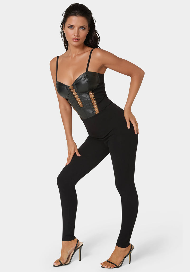 Side View-Vegan Leather Combo Ring Detail Pdr Catsuit-Black