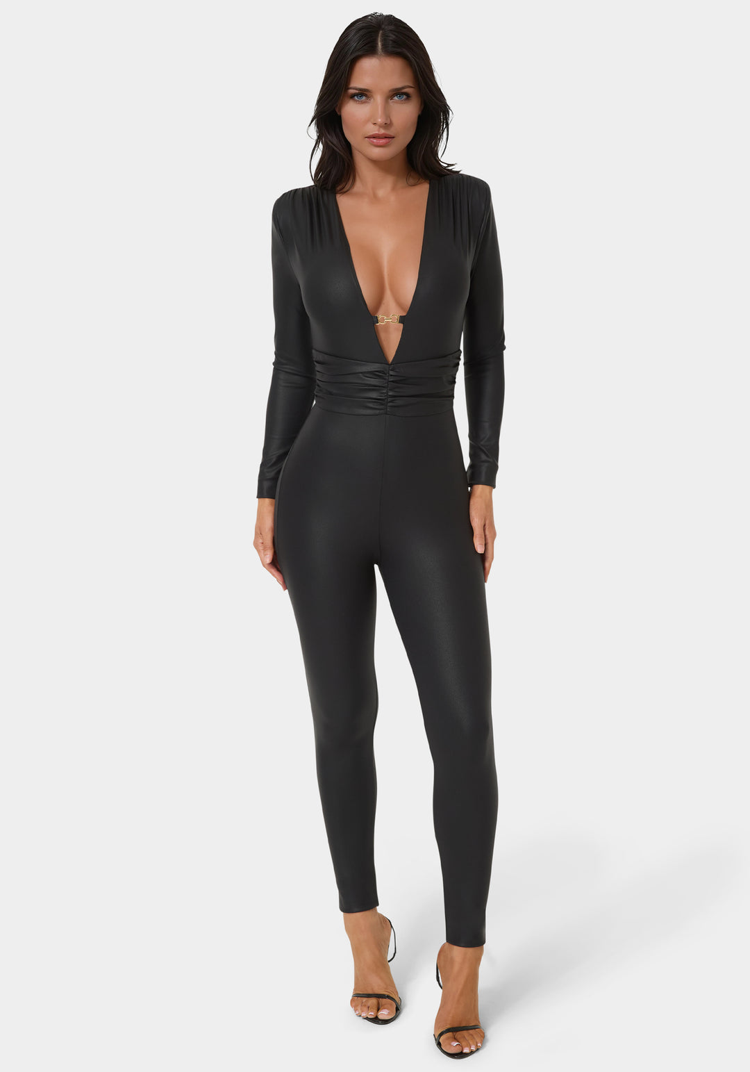 Front View-Plunging V-Neck Metal Trim Detail Catsuit-Black