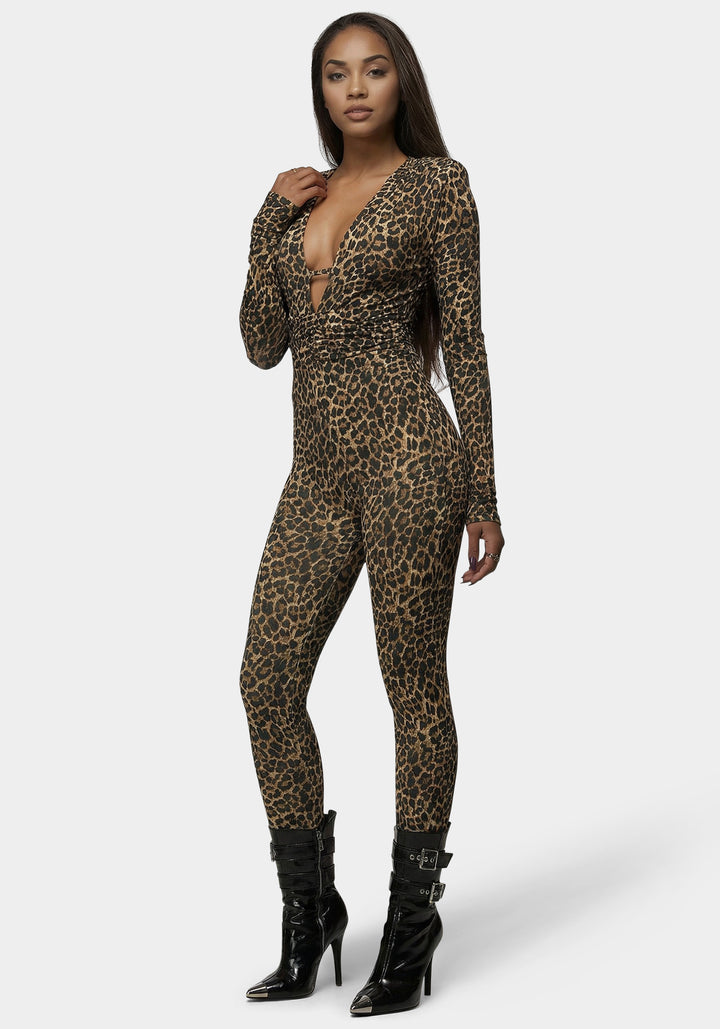 Front View-Plunging V-Neck Metal Trim Detail Printed Catsuit-Leopard