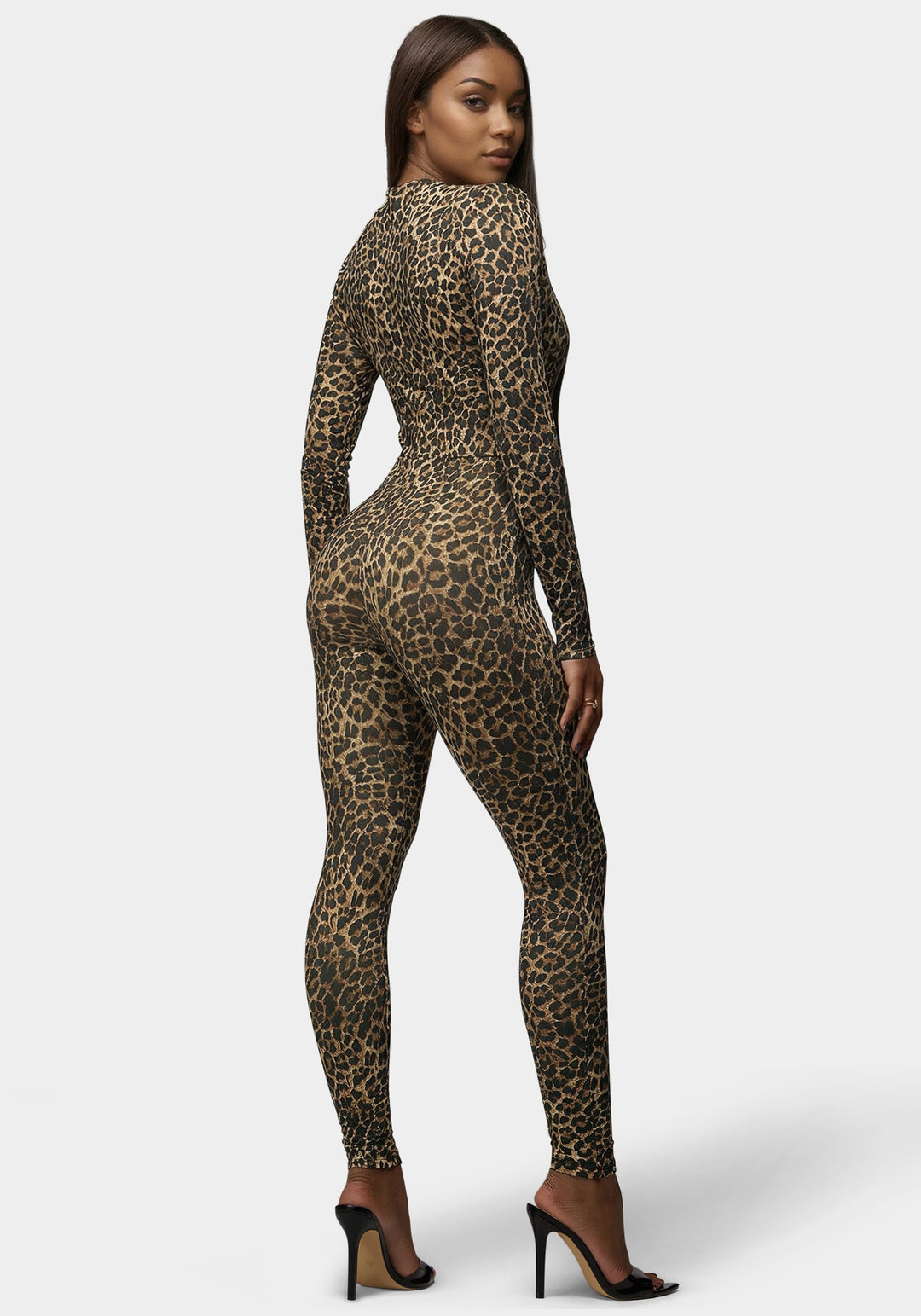 Back View-Plunging V-Neck Metal Trim Detail Printed Catsuit-Leopard