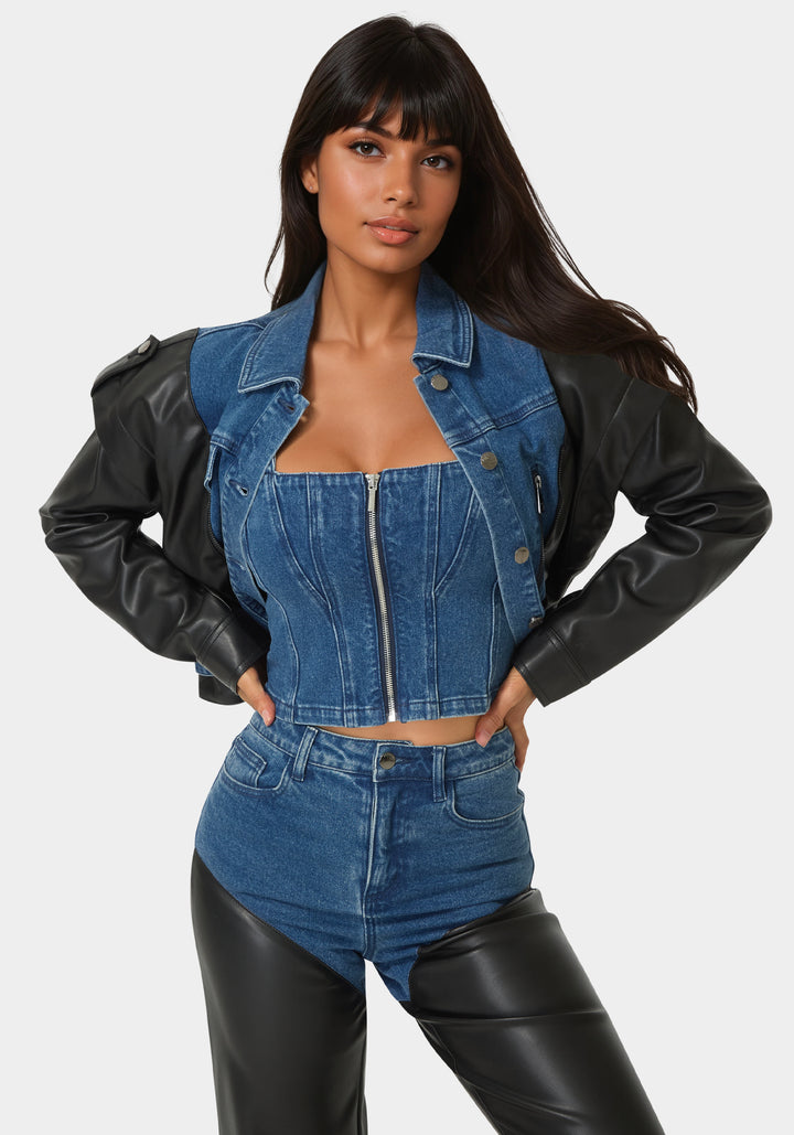 Front View-Vegan Leather Combo Denim Moto Jacket-True Blue Wash/Black