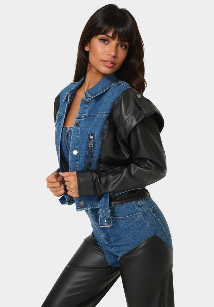 Side View-Vegan Leather Combo Denim Moto Jacket-True Blue Wash/Black