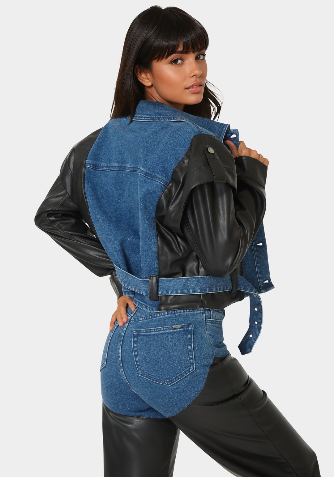 Back View-Vegan Leather Combo Denim Moto Jacket-True Blue Wash/Black