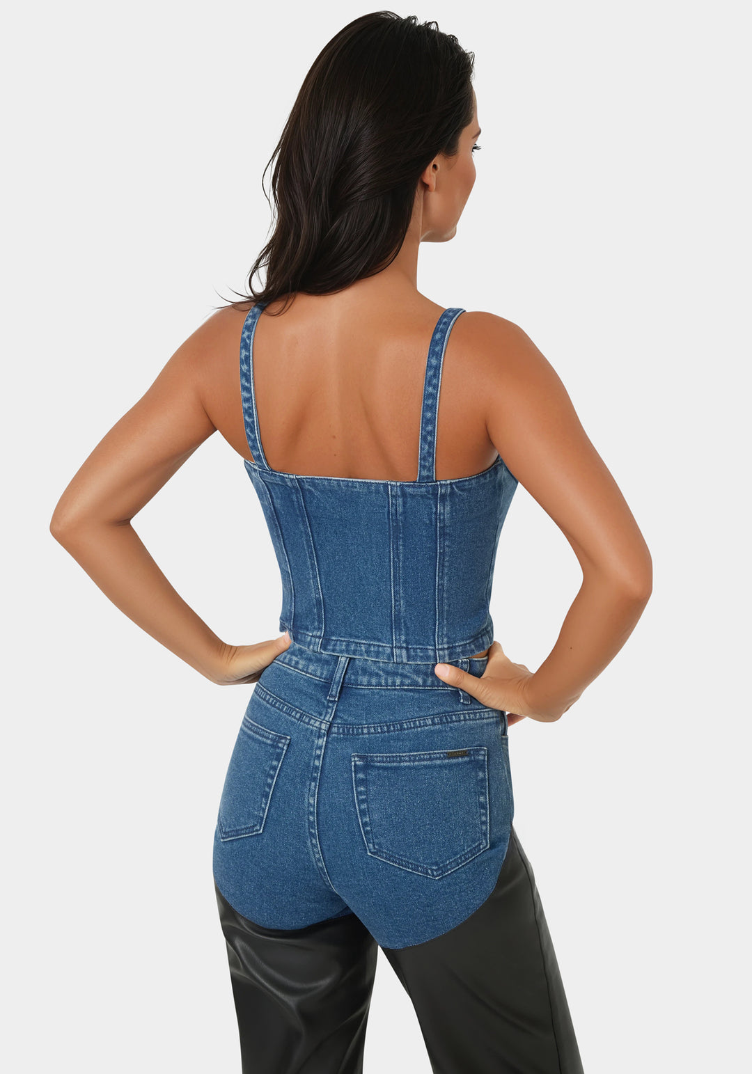 Back View-Zip Front Denim Bustier-True Blue Wash