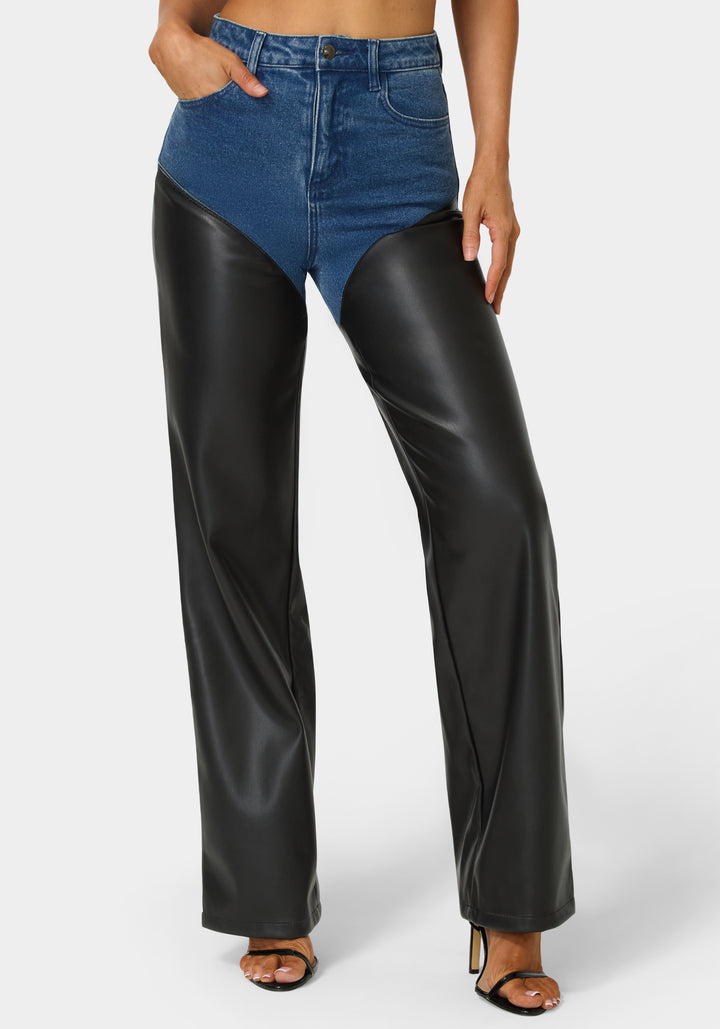 Front View-High Waist Vegan Leather Combo Wide Leg Jean-True Blue Wash/Black