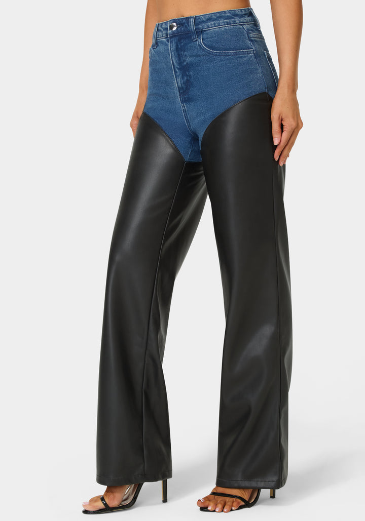 Side View-High Waist Vegan Leather Combo Wide Leg Jean-True Blue Wash/Black