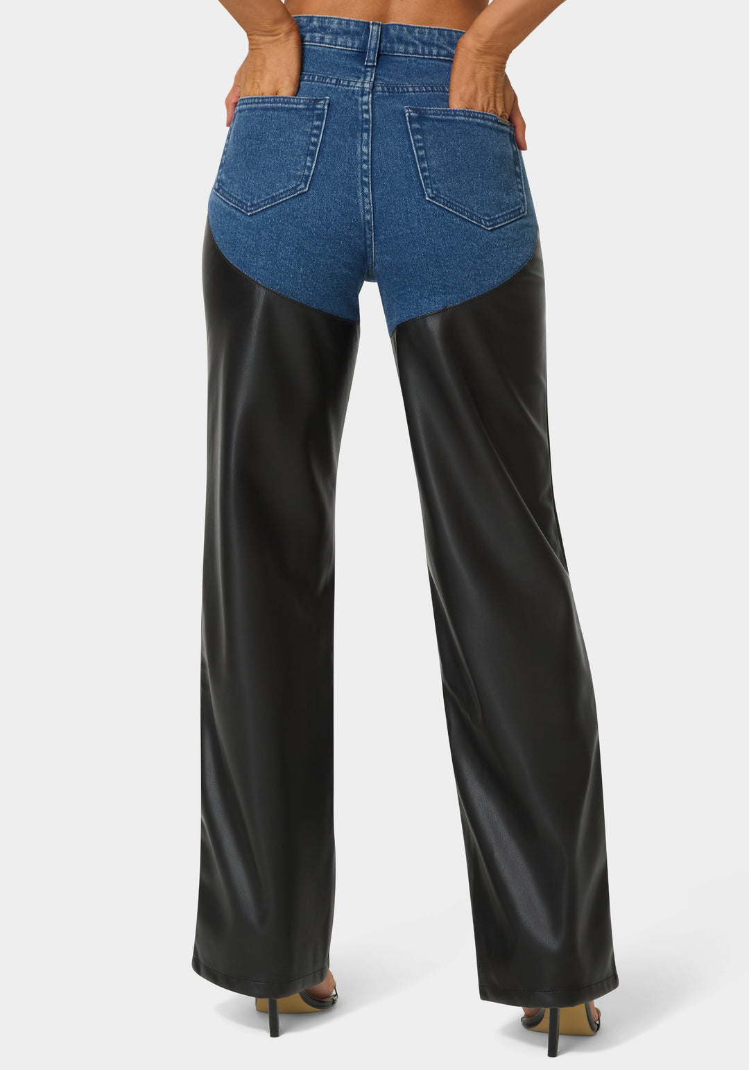 Back View-High Waist Vegan Leather Combo Wide Leg Jean-True Blue Wash/Black