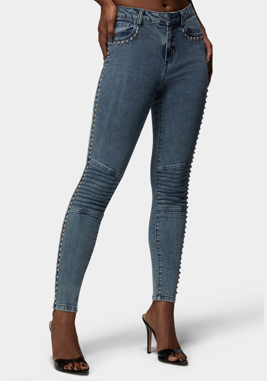 Front View-Natural Waist Studded Skinny Jean-River Blue Wash