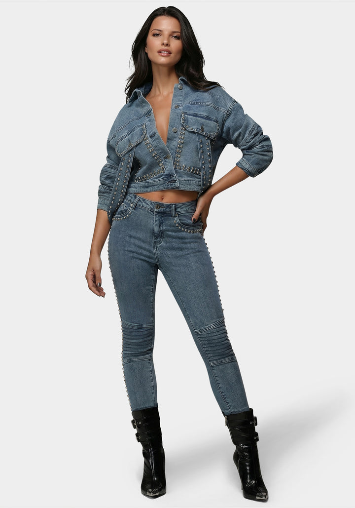 Detail View-Natural Waist Studded Skinny Jean-River Blue Wash