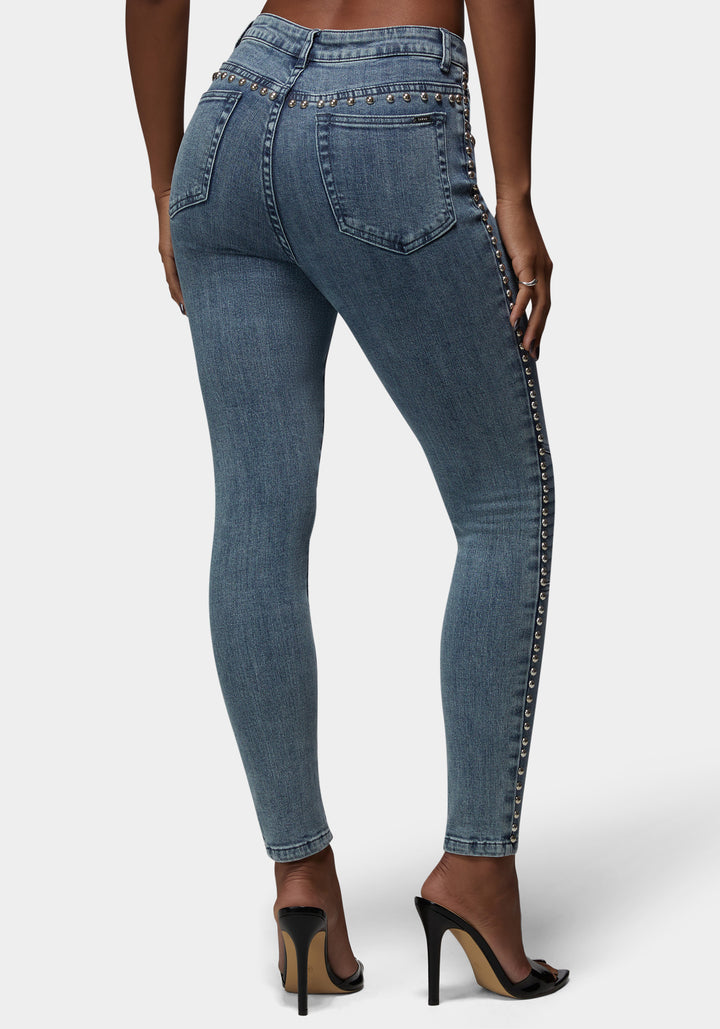Back View-Natural Waist Studded Skinny Jean-River Blue Wash