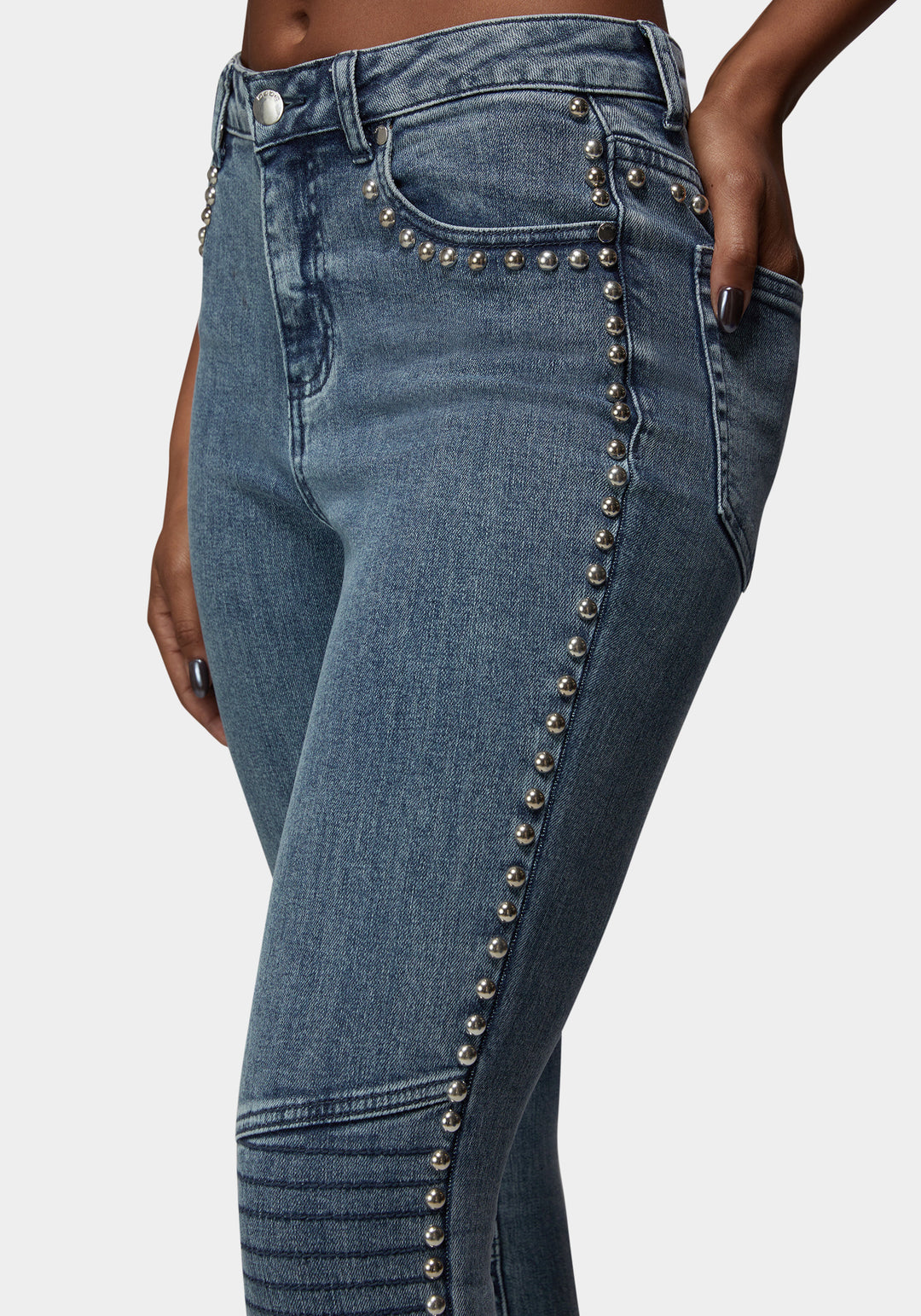Side View-Natural Waist Studded Skinny Jean-River Blue Wash