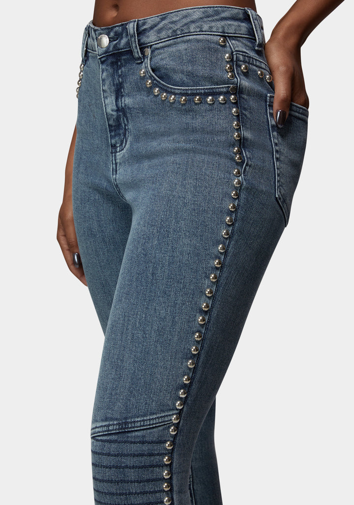Side View-Natural Waist Studded Skinny Jean-River Blue Wash