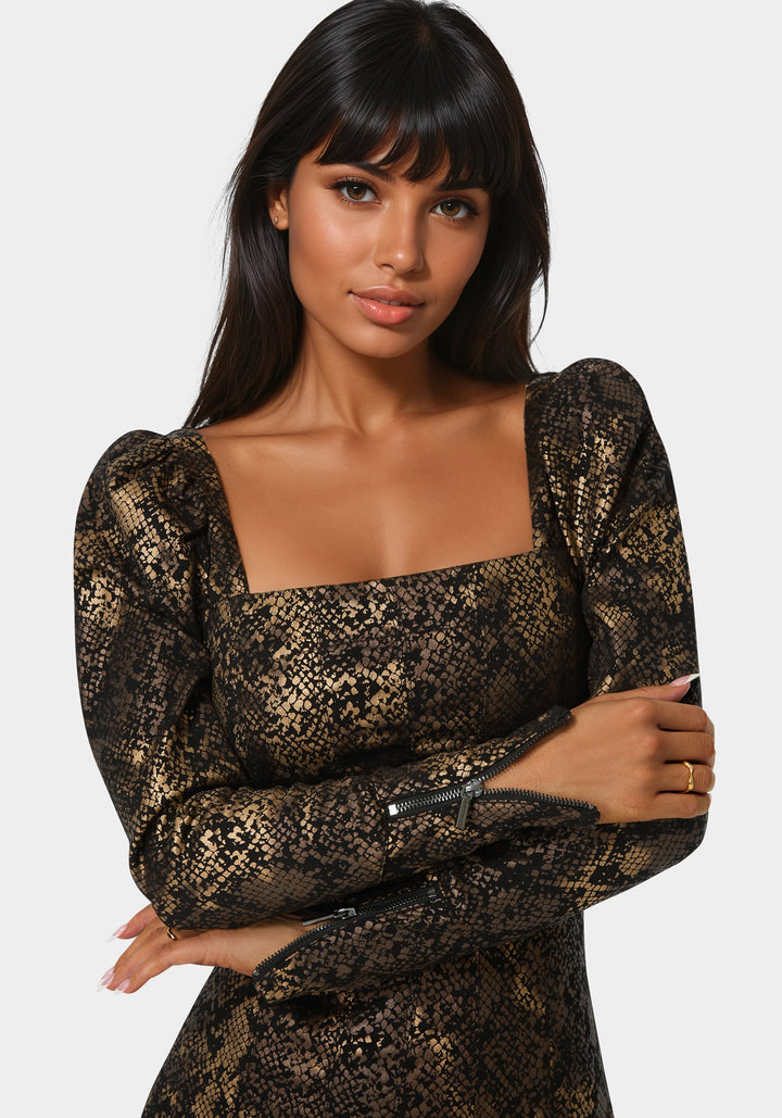 Other View-Puff Sleeve Fitted Foil Print Denim Dress-Foil Print