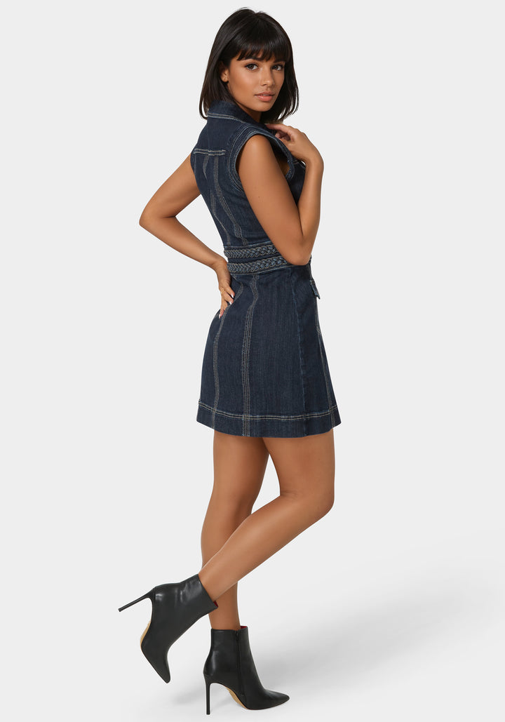 Back View-Button Front Braided Waist Denim Dress-Dark Indigo Wash