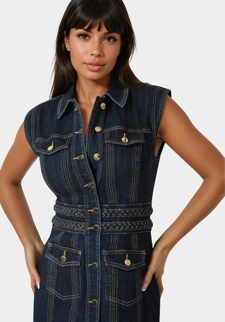 Detail View-Button Front Braided Waist Denim Dress-Dark Indigo Wash