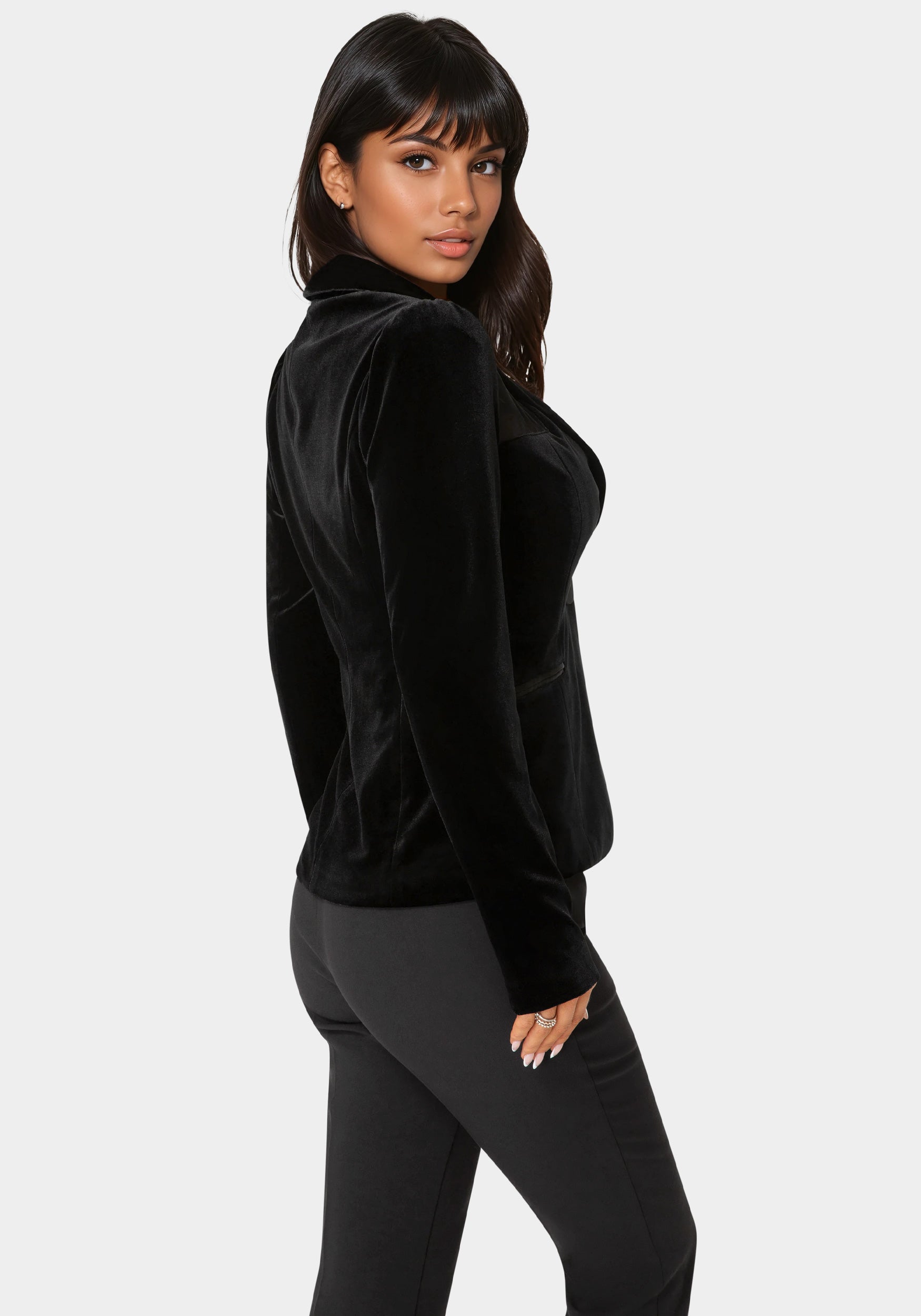 Side View-Corset Illusion Velour & Organza Tailored Blazer-Black