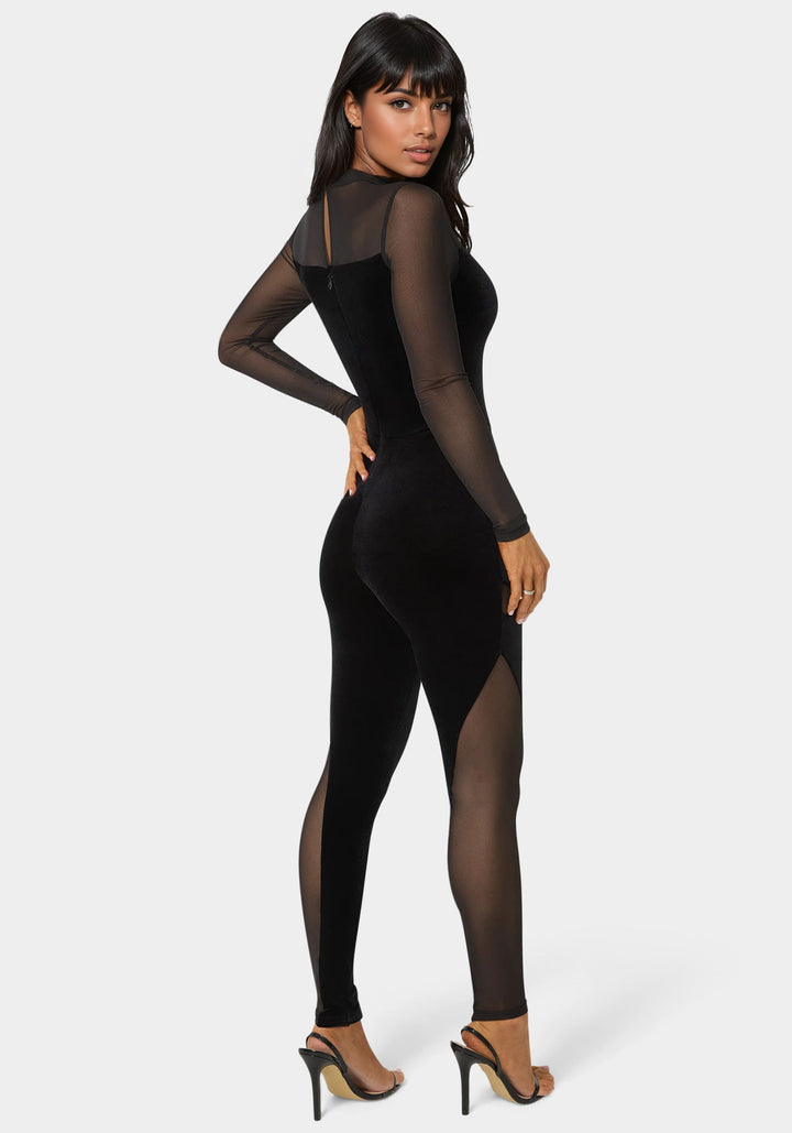 Back View-Combo Velour and Mesh Catsuit-Black