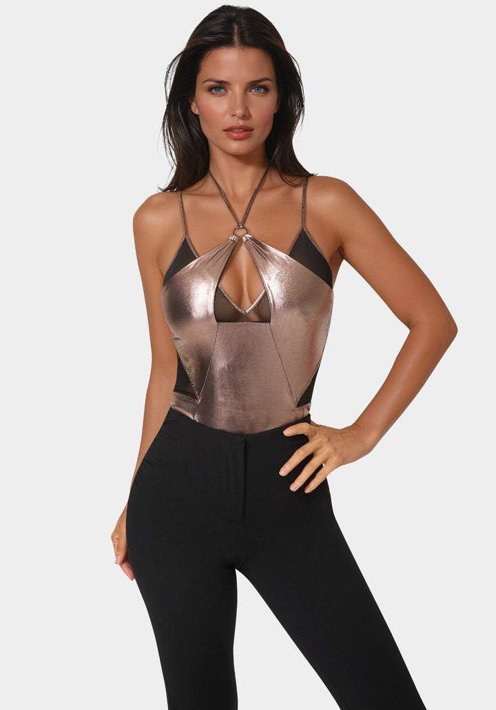 Front View-Metallic Foil Halter Neck Mesh Combo Bodysuit-Astro Dust