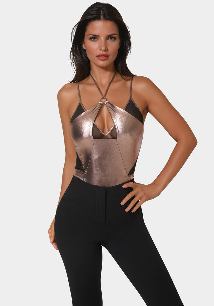 Metallic Foil Halter Neck Mesh Combo Bodysuit