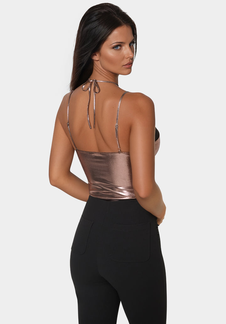 Back View-Metallic Foil Halter Neck Mesh Combo Bodysuit-Astro Dust