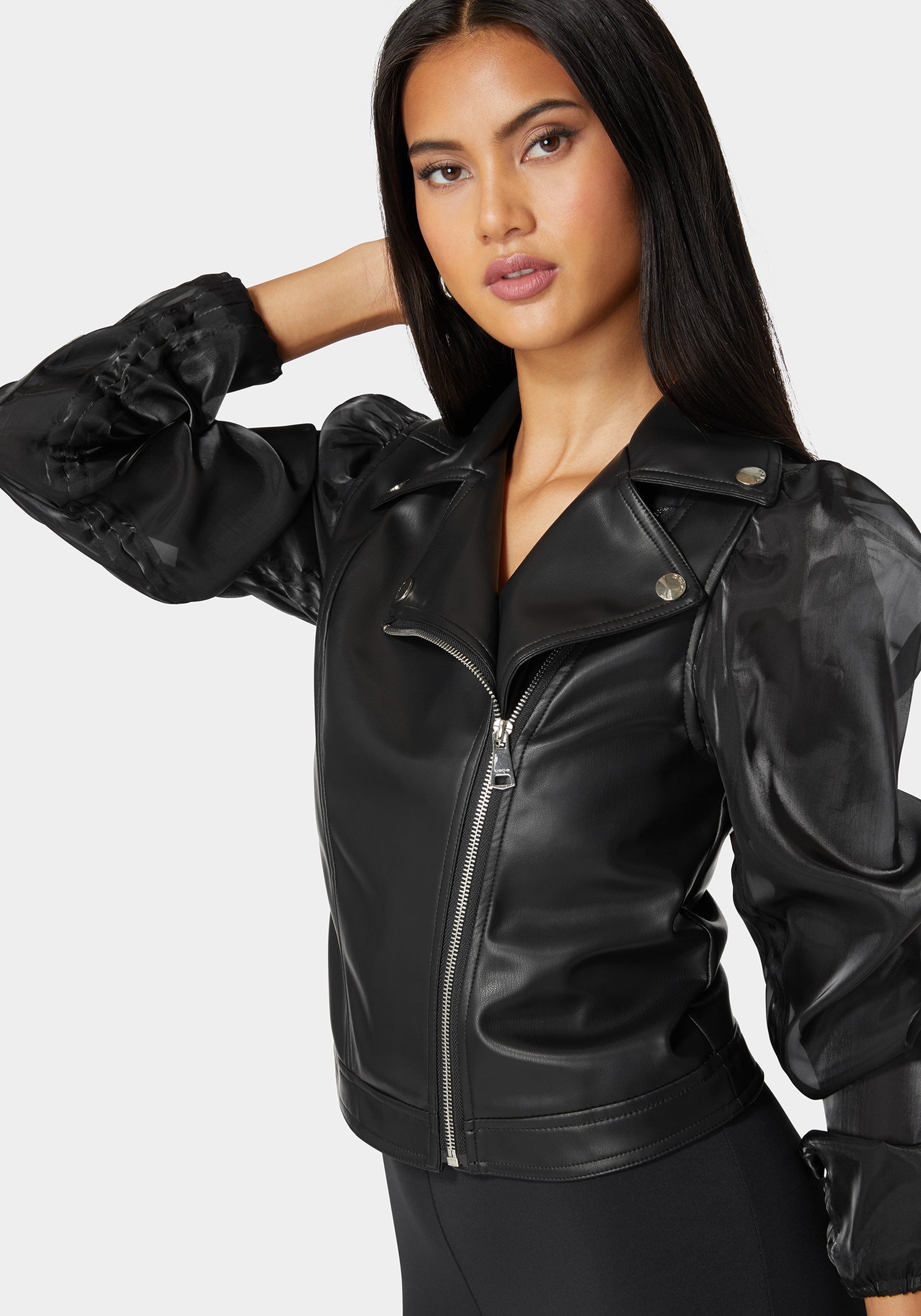 Ruched Organza Sleeve Vegan Leather Moto Jacket – bebe
