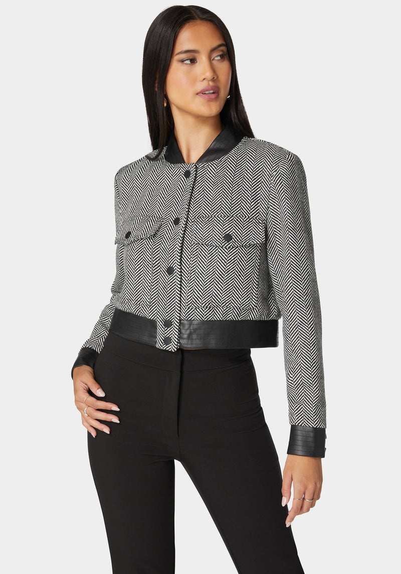 BESS FLAP SHADE オレンジ Vegan Leather Detail Novelty Chevron Jacket | bebe
