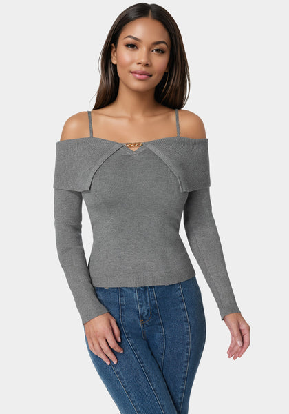 【最安値挑戦】 Off Shoulder Fold Over Chain Detail Sweater | bebe トップス