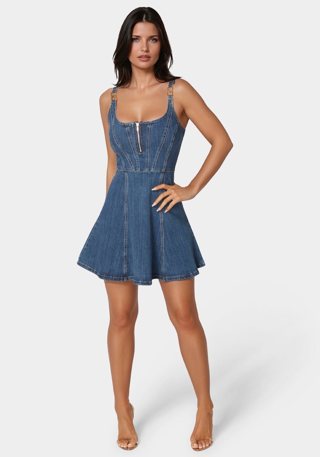 Trim Detail Fit & Flare Denim Dress bebe Trim Detail Fit & Flare Denim Dress bebe