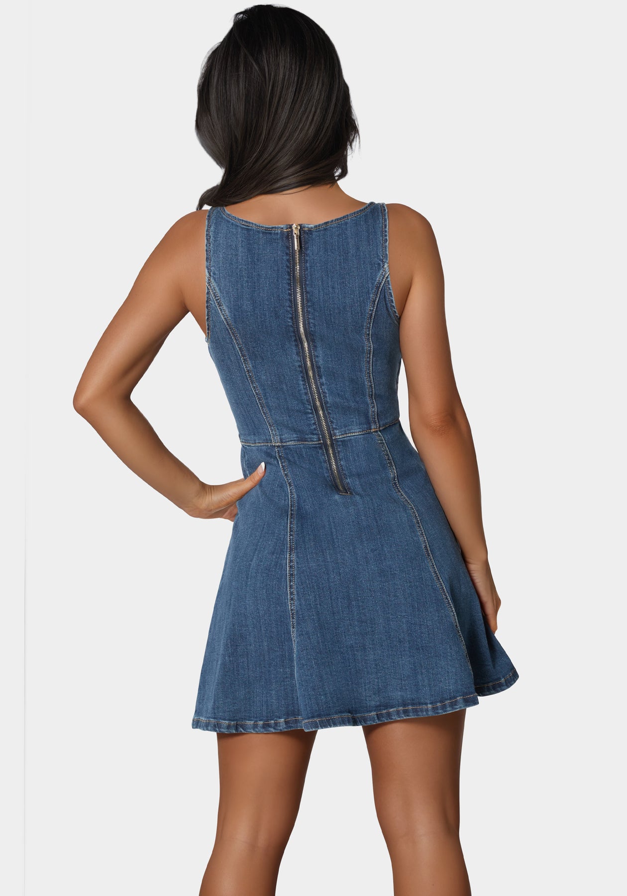Trim Detail Fit & Flare Denim Dress bebe Trim Detail Fit & Flare Denim Dress bebe
