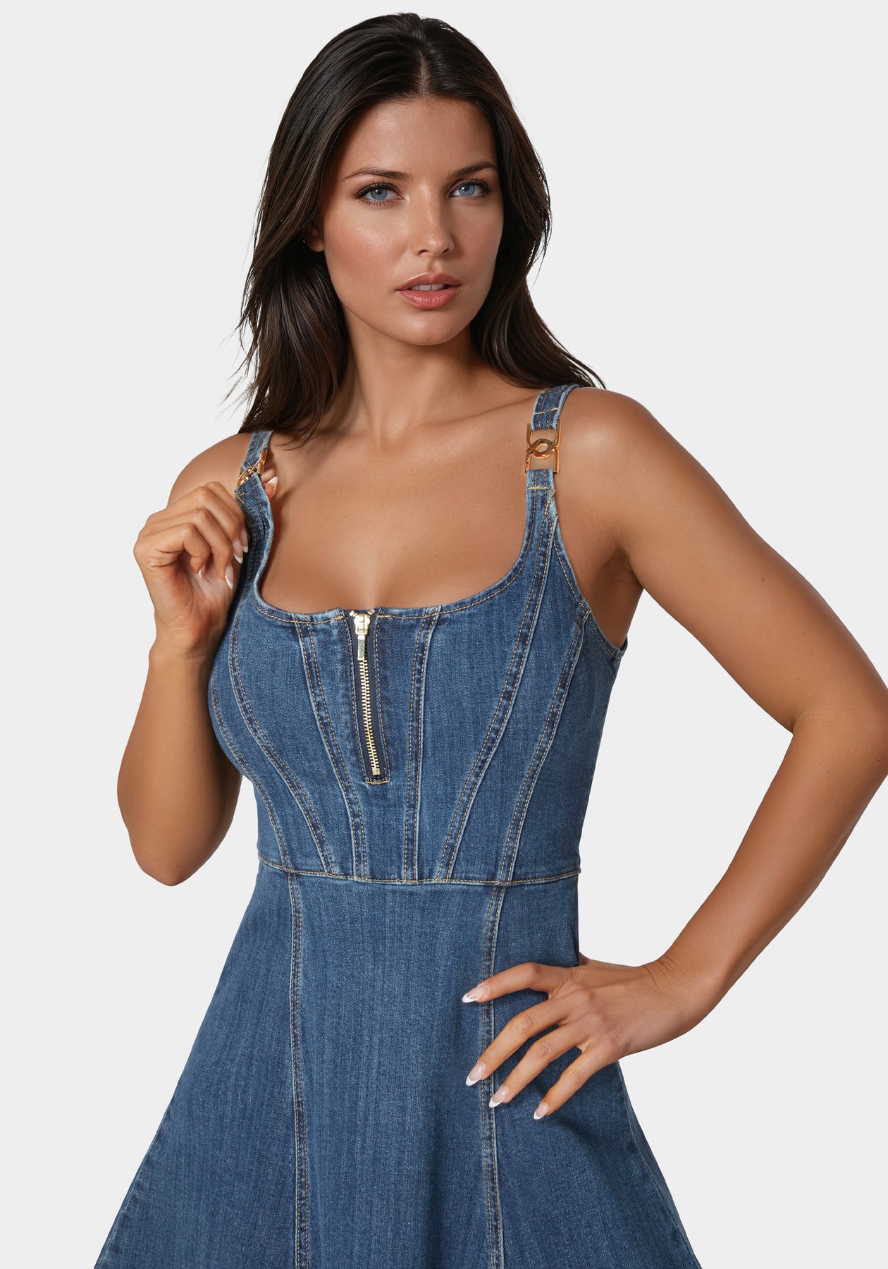 Trim Detail Fit & Flare Denim Dress bebe Trim Detail Fit & Flare Denim Dress bebe