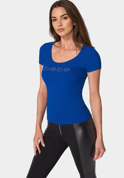 Bebe Logo Short Sleeve Scoop Neck Single Stone Rib Top | bebe