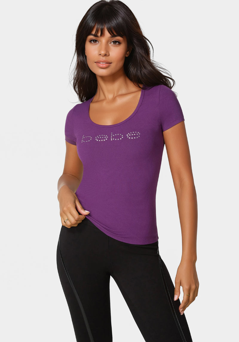 ◆♡bebe♡◆ Bebe Logo Short Sleeve Scoop Neck Single Stone Rib Top | bebe