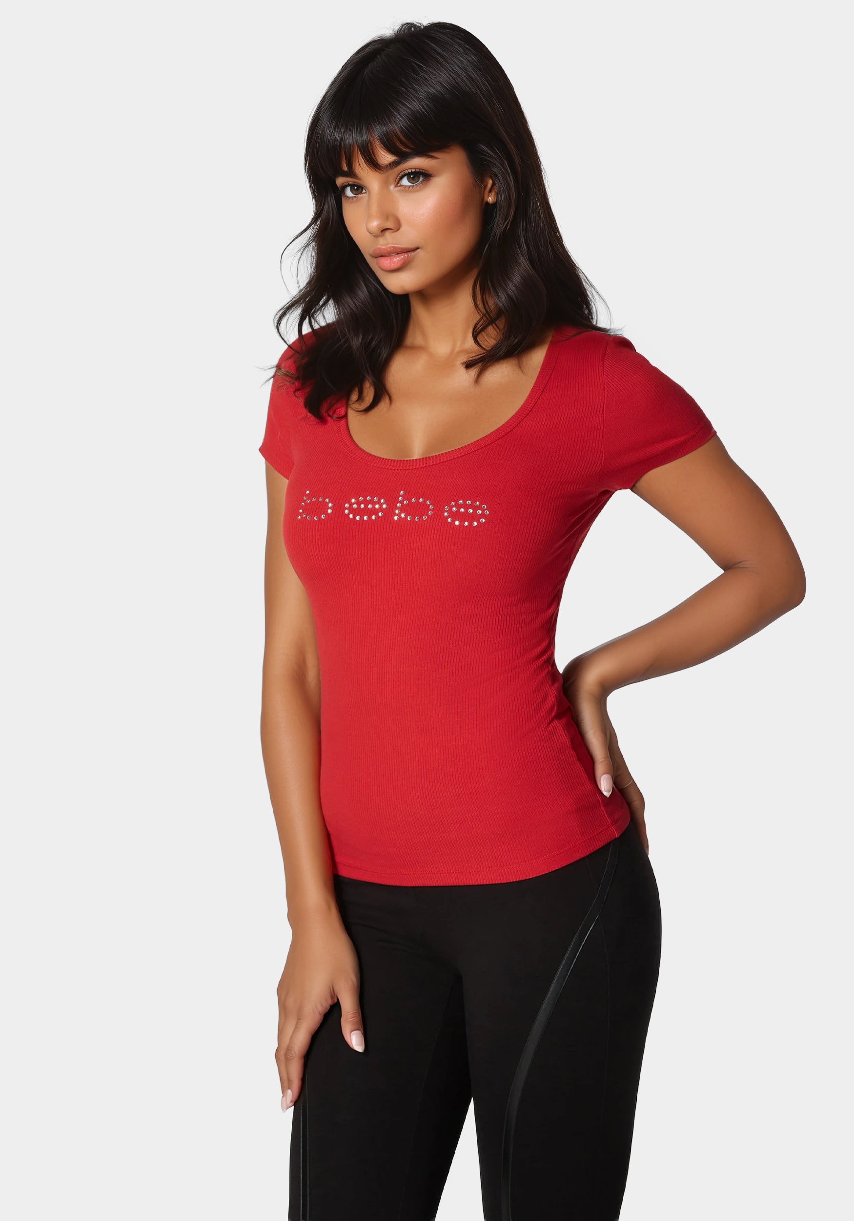 Bebe Logo Short Sleeve Scoop Neck Single Stone Rib Top – bebe