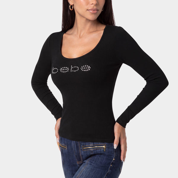 Side View-Bebe Logo Long Sleeve Scoop Neck Single Stone Rib Top-Black