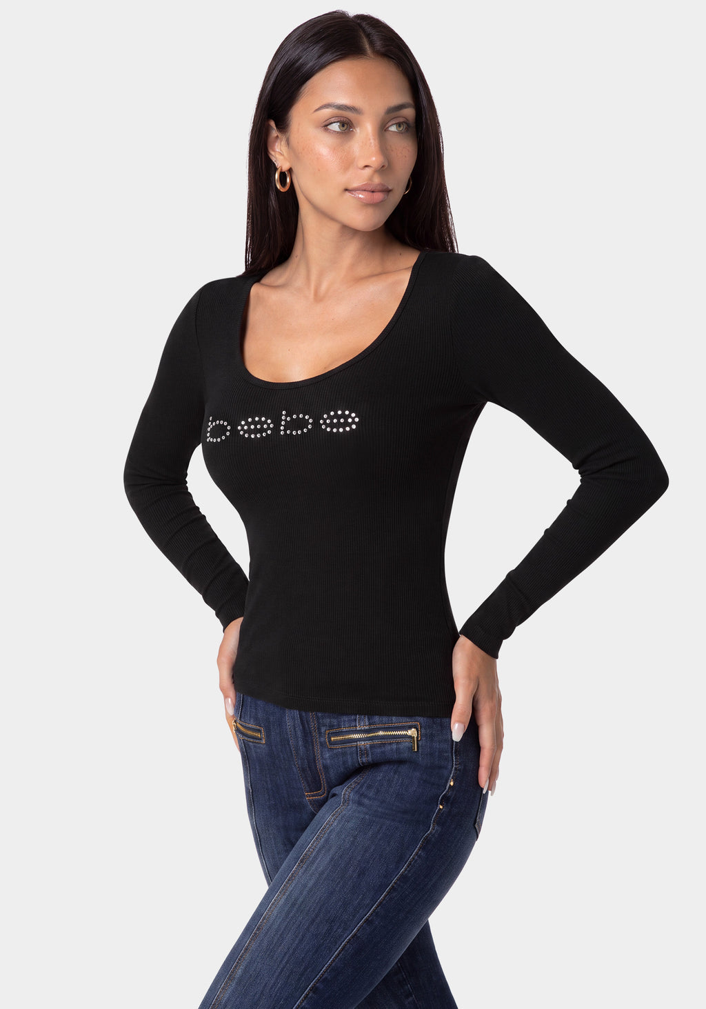 Side View-Bebe Logo Long Sleeve Scoop Neck Single Stone Rib Top-Black