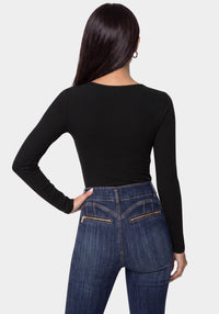 Back View-Bebe Logo Long Sleeve Scoop Neck Single Stone Rib Top-Black