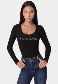 Front View-Bebe Logo Long Sleeve Scoop Neck Single Stone Rib Top-Black