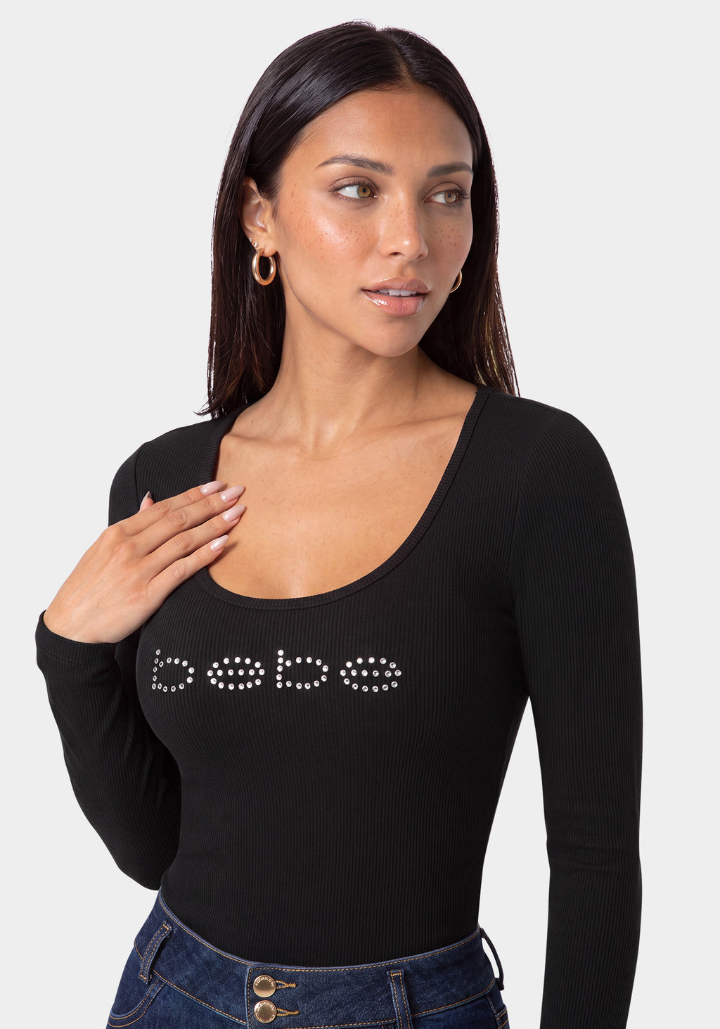 Other View-Bebe Logo Long Sleeve Scoop Neck Single Stone Rib Top-Black