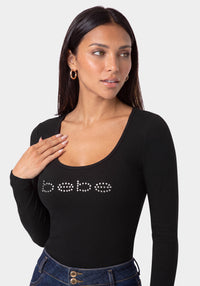 Other View-Bebe Logo Long Sleeve Scoop Neck Single Stone Rib Top-Black