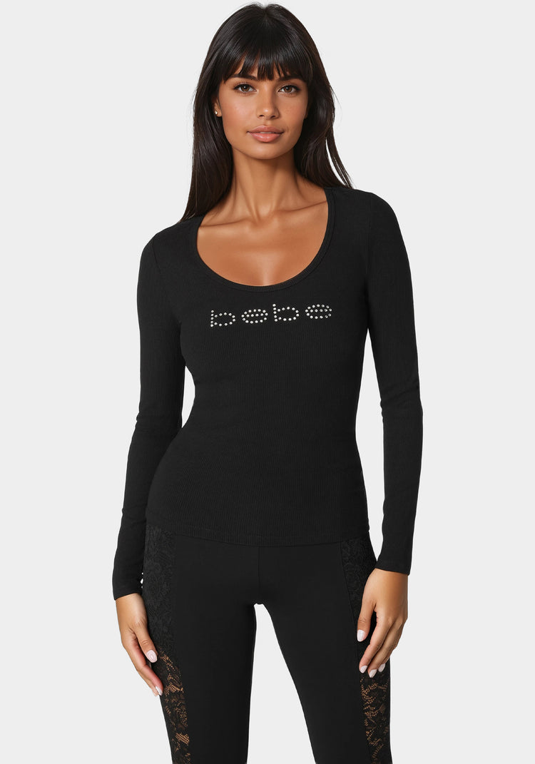 ♡bebe♡ Bebe Logo Long Sleeve Scoop Neck Single Stone Rib Top | bebe