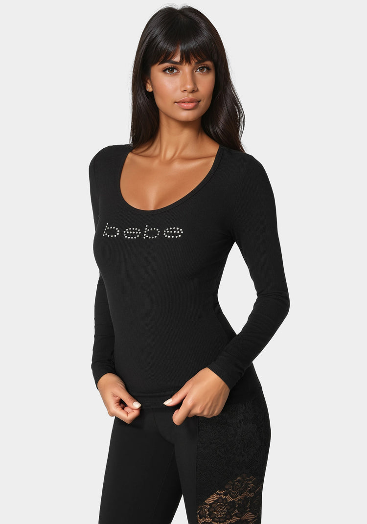 【as\"on】24fw BEBE LONG SLEEVE Bebe Logo Long Sleeve Scoop Neck Single Stone Rib Top | bebe