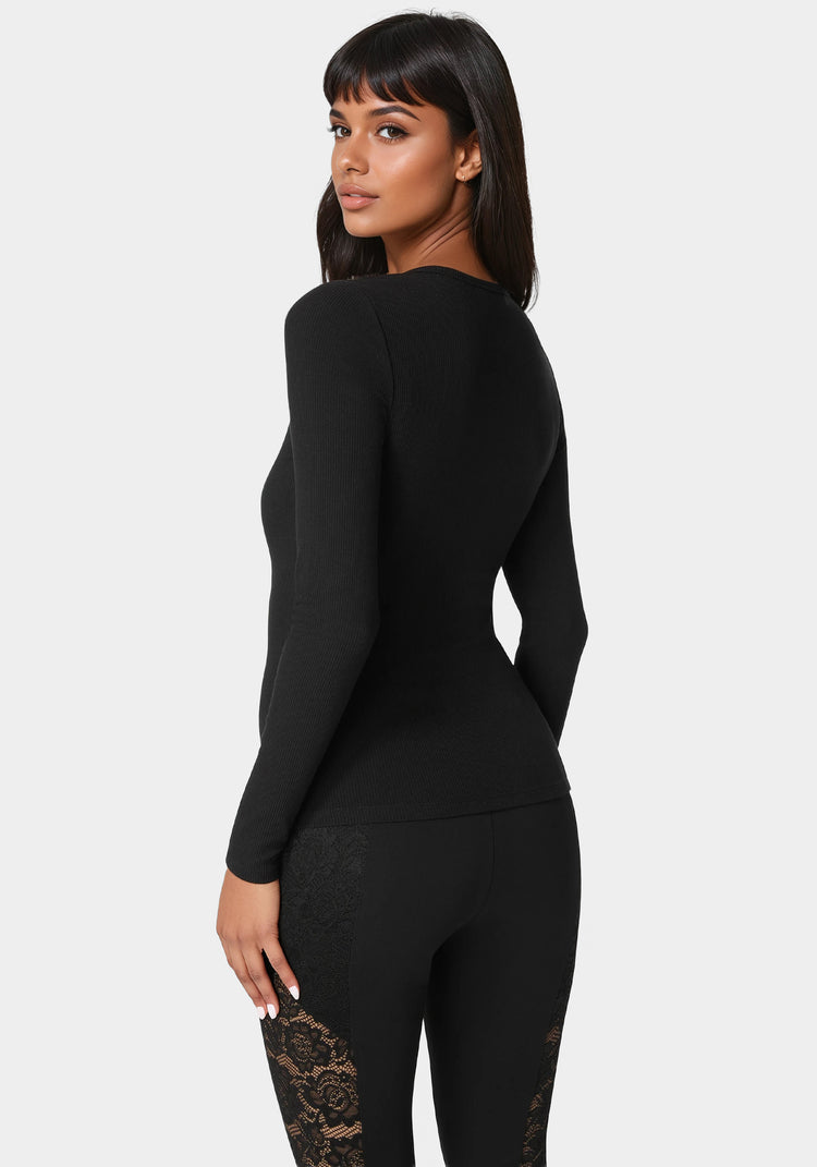 【as\"on】24fw BEBE LONG SLEEVE Bebe Logo Long Sleeve Scoop Neck Single Stone Rib Top | bebe