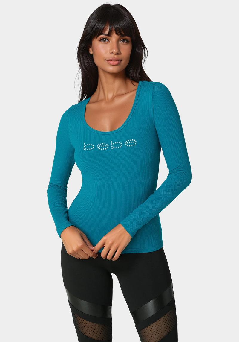 Bebe Logo Long Sleeve Scoop Neck Single Stone Rib Top | bebe