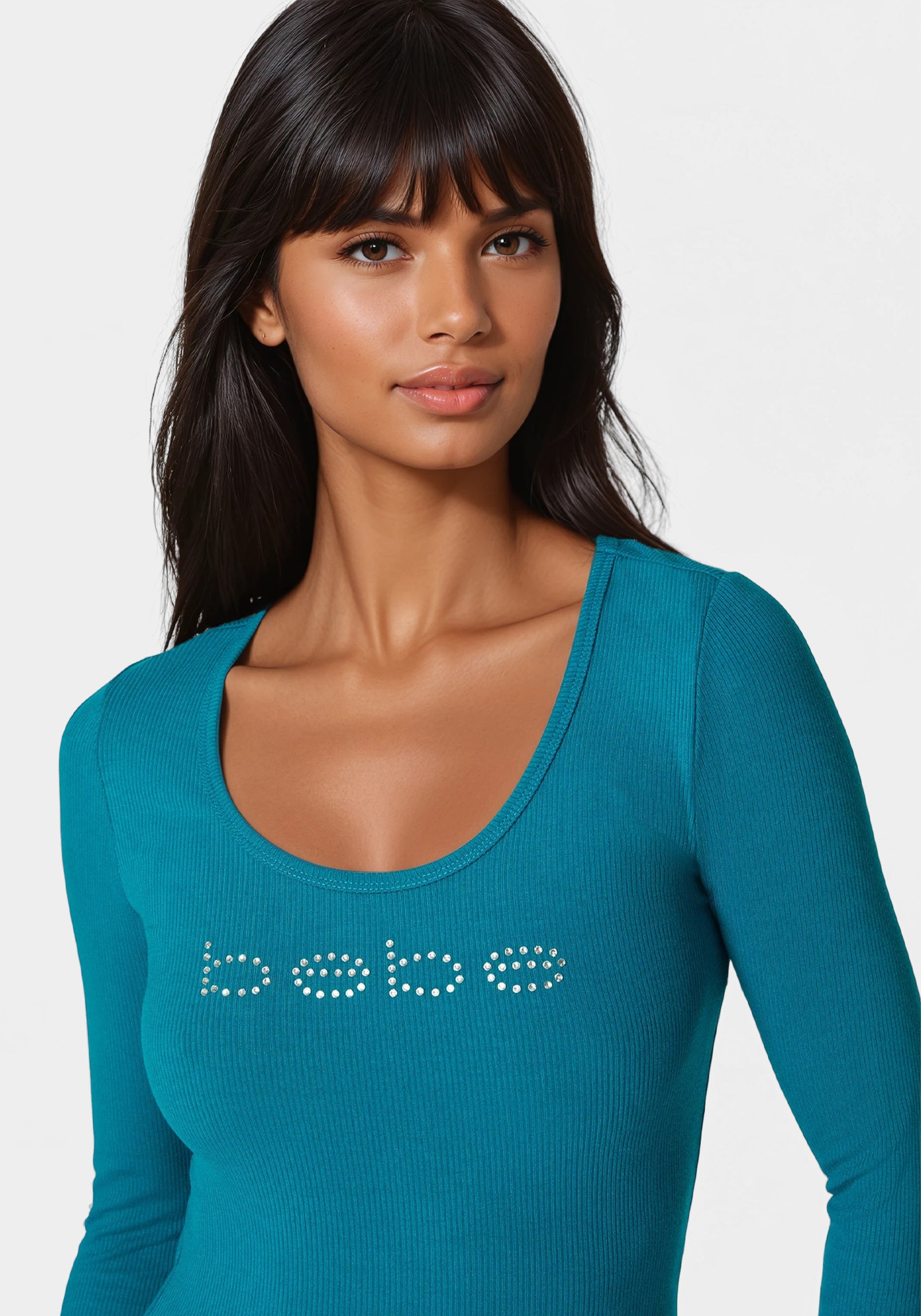 Bebe Logo Long Sleeve Scoop Neck Single Stone Rib Top Deep Lagoon