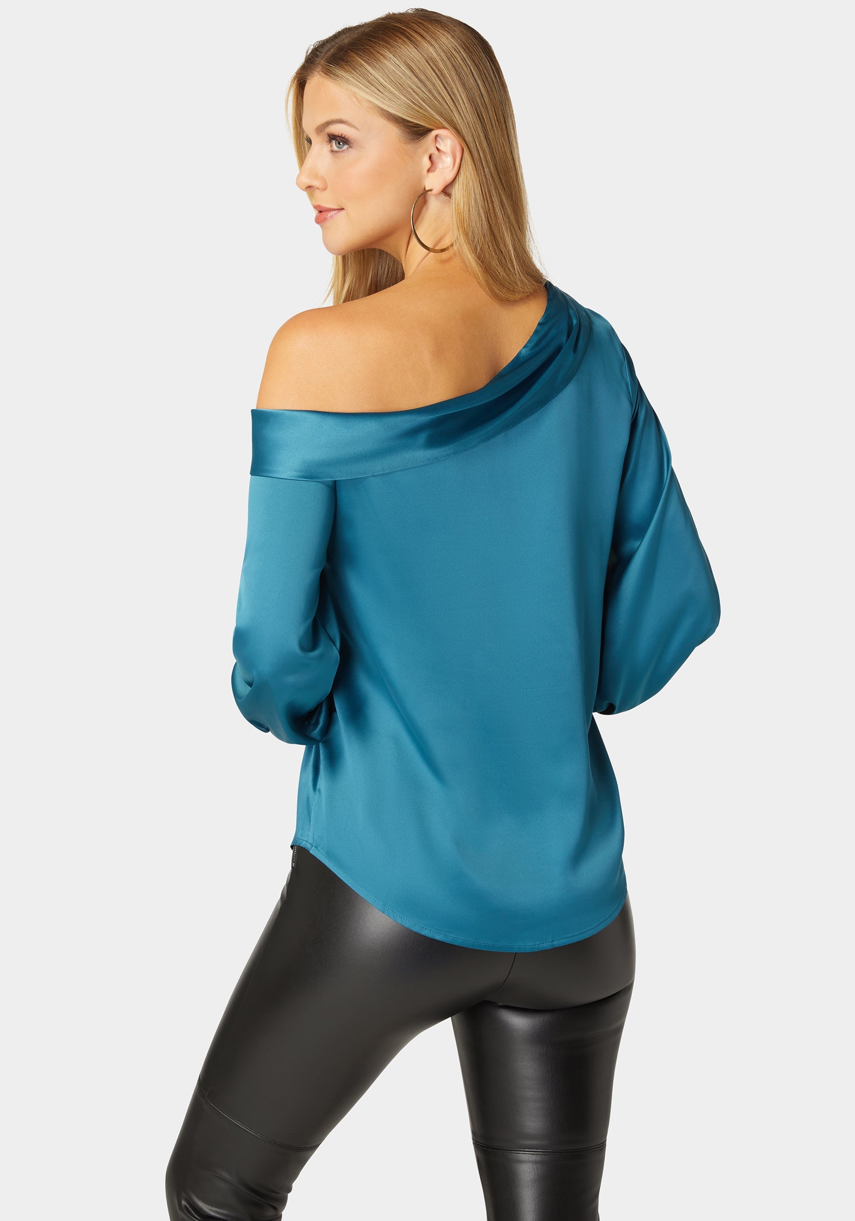 Asymmetrical Long Sleeve Slit Detail Satin Blouse – bebe Asymmetrical Long Sleeve Slit Detail Satin Blouse – bebe